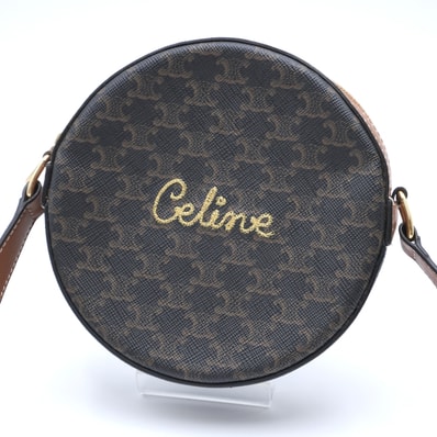 CELINE(セリーヌ)トリオンフキャンバス ラウンドパース ショルダーバッグ サークル 丸型 ブラウン タン レザー ゴールド金具 レディース【中古】