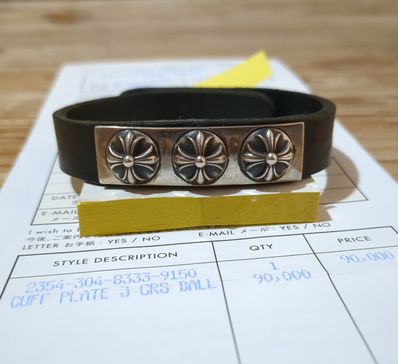 Chrome Hearts Leather Cuff Bracelet Plate 3 Cross Ball "Black"