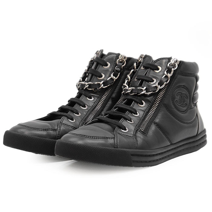 美品 CHANEL シャネル カメリア レザースニーカー ブラック CHANEL シャネル ハイカットスニーカー G29046 レディース36 ブラック
