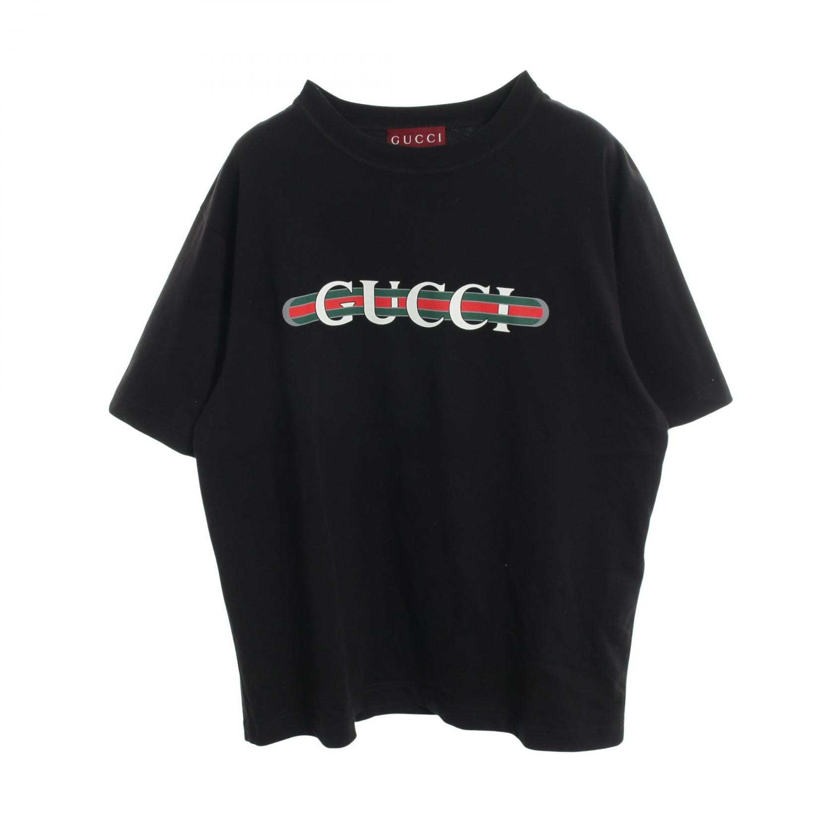 グッチ GUCCI コットンジャージー ロゴプリント 半袖Tシャツ 衣料品 トップス コットン メンズ ブラック系 / マルチカラー 784361 【中古】