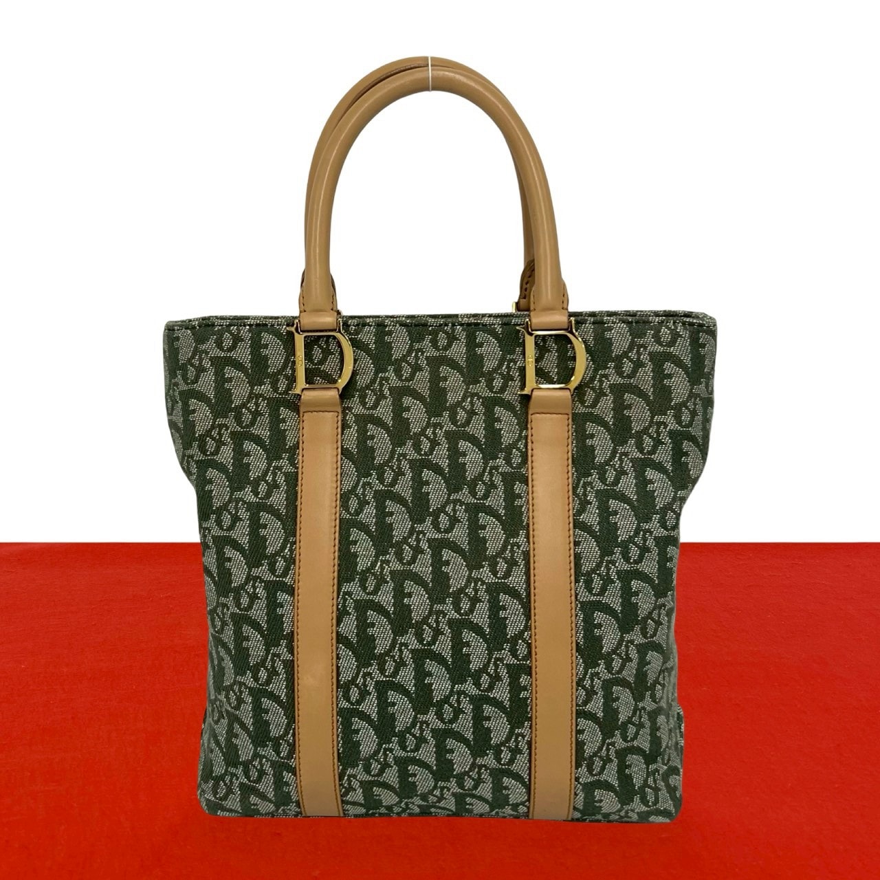 Christian Dior ディオール トロッター CD ロゴ 金具 キャンバス レザー ハンドバッグ カーキ
 23217