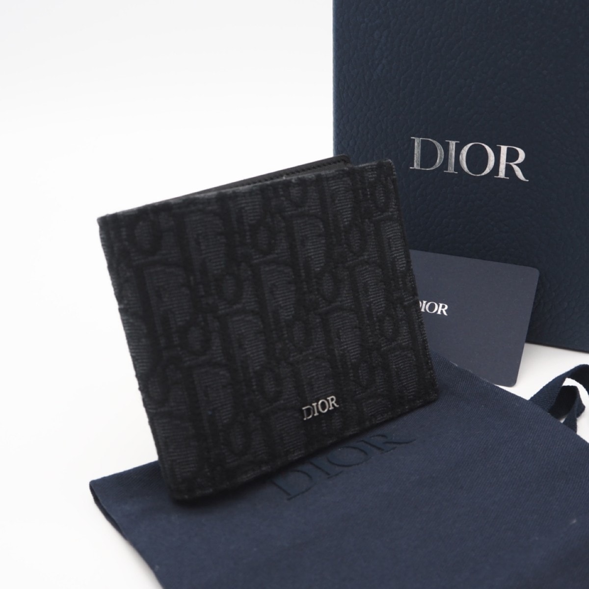 極美品 Dior ディオール ディオール オブリーク ジャカード コインケース付き ウォレット 2OBBC027YSE_H05E 二つ折り財布 ブラック キャンバス レザー メンズ