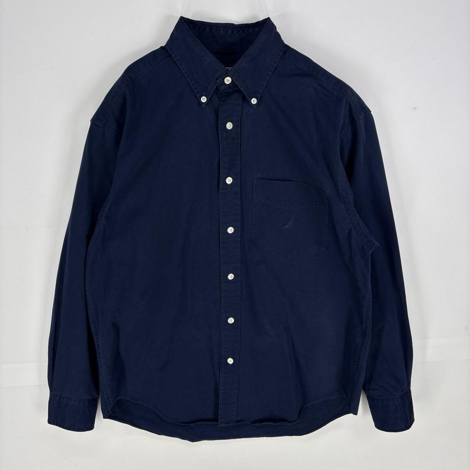古着 ノーティカ NAUTICA 長袖シャツ ボタンダウン 刺繍ロゴ ワンポイント ロングスリーブ M  ネイビー系 メンズ