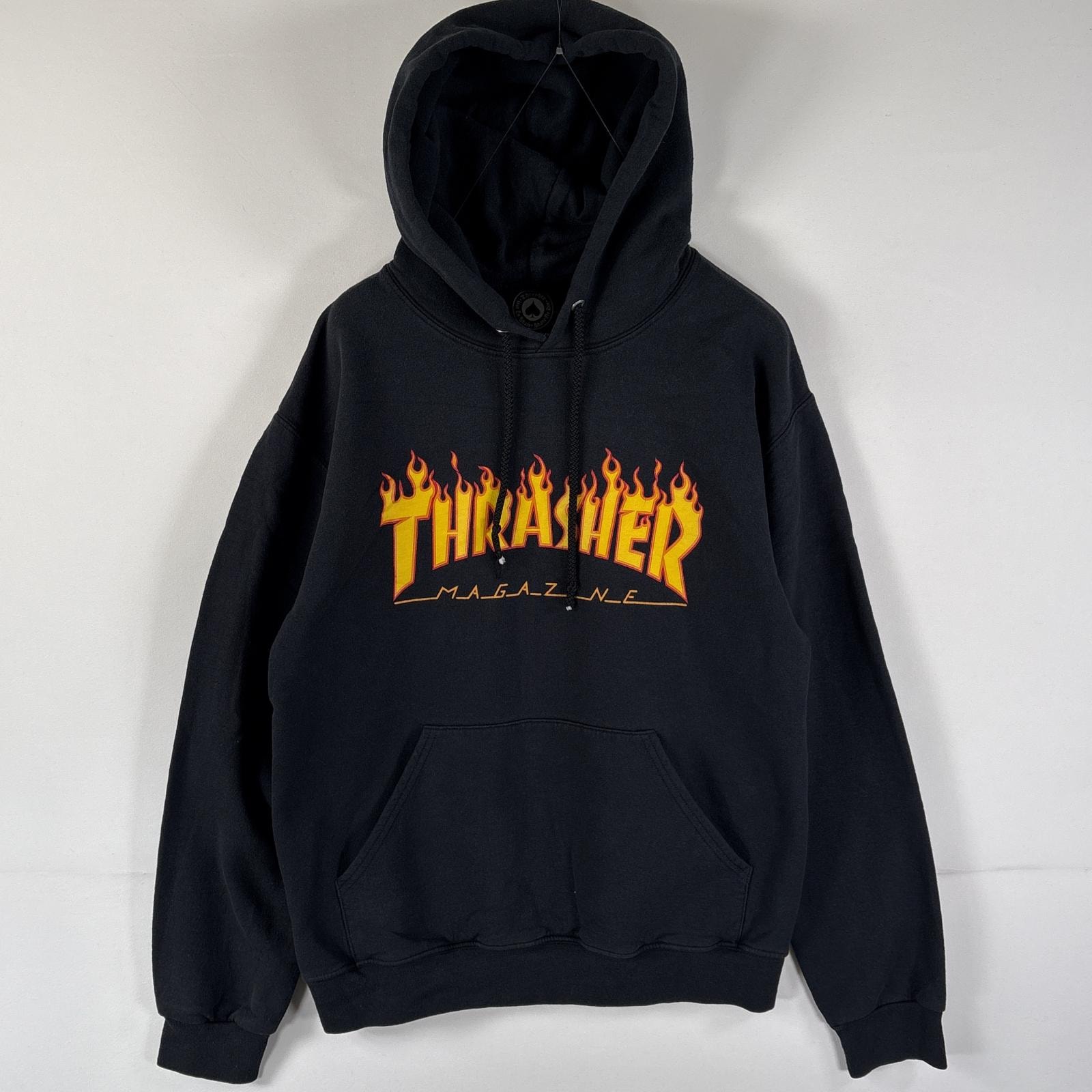 古着 スラッシャー THRASHER パーカー フーディー 片面プリント マフポケット ラバープリント ファイヤー S  ブラック メンズ
