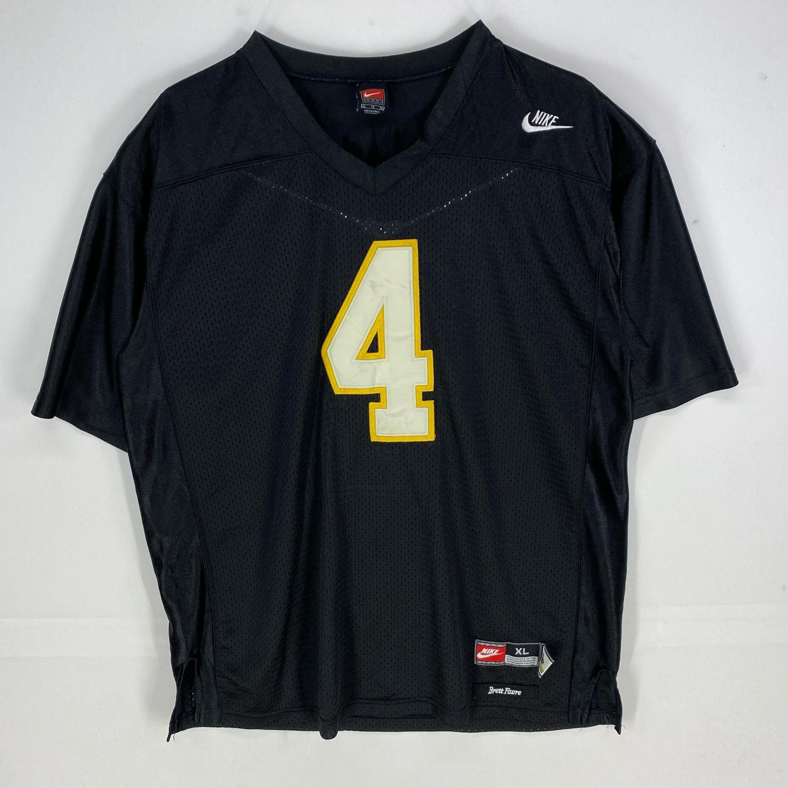 古着 ナイキ NIKE 半袖シャツ ゲームシャツ 刺繍ロゴ 4 ショートスリーブ FAVRE ユニフォーム XL  ブラック系 メンズ