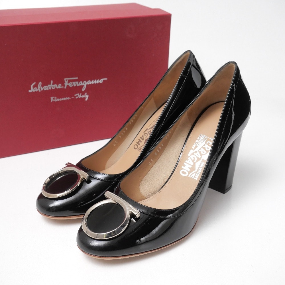 ■未使用品■Salvatore Ferragamo サルヴァトーレフェラガモ パンプス サイズ9 C ガンチーニ エナメル チャンキーヒール ハイヒール 20260618/RA9773
