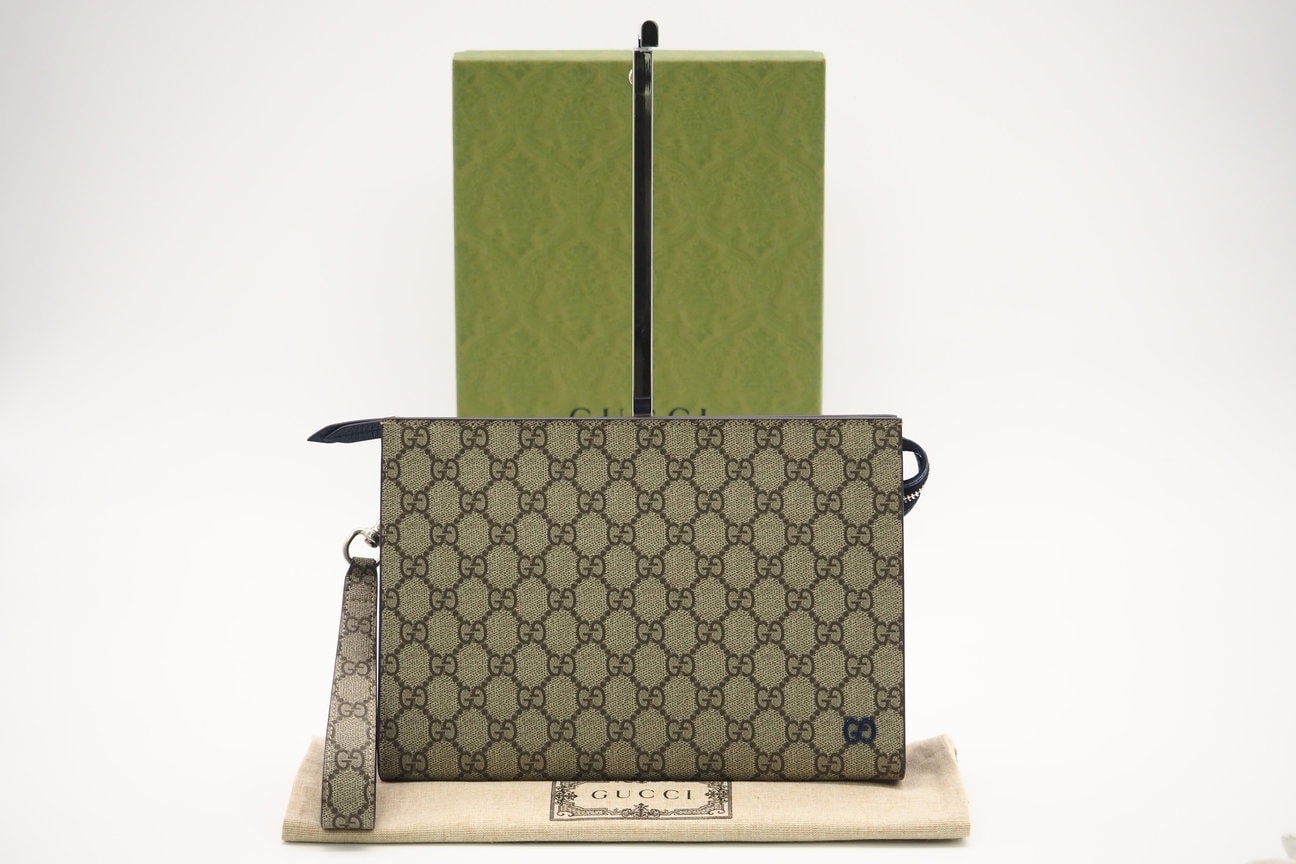 極美品 GUCCI グッチ GGスプリーム バイカラー スモール ポーチ 768255 クラッチバッグ バイカラー ベージュ ブラウン ブルー コーティングキャンバス メンズ