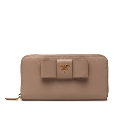 プラダ サフィアーノ ラウンドファスナー 長財布 リボン ベージュ レザー レディース PRADA 【中古】