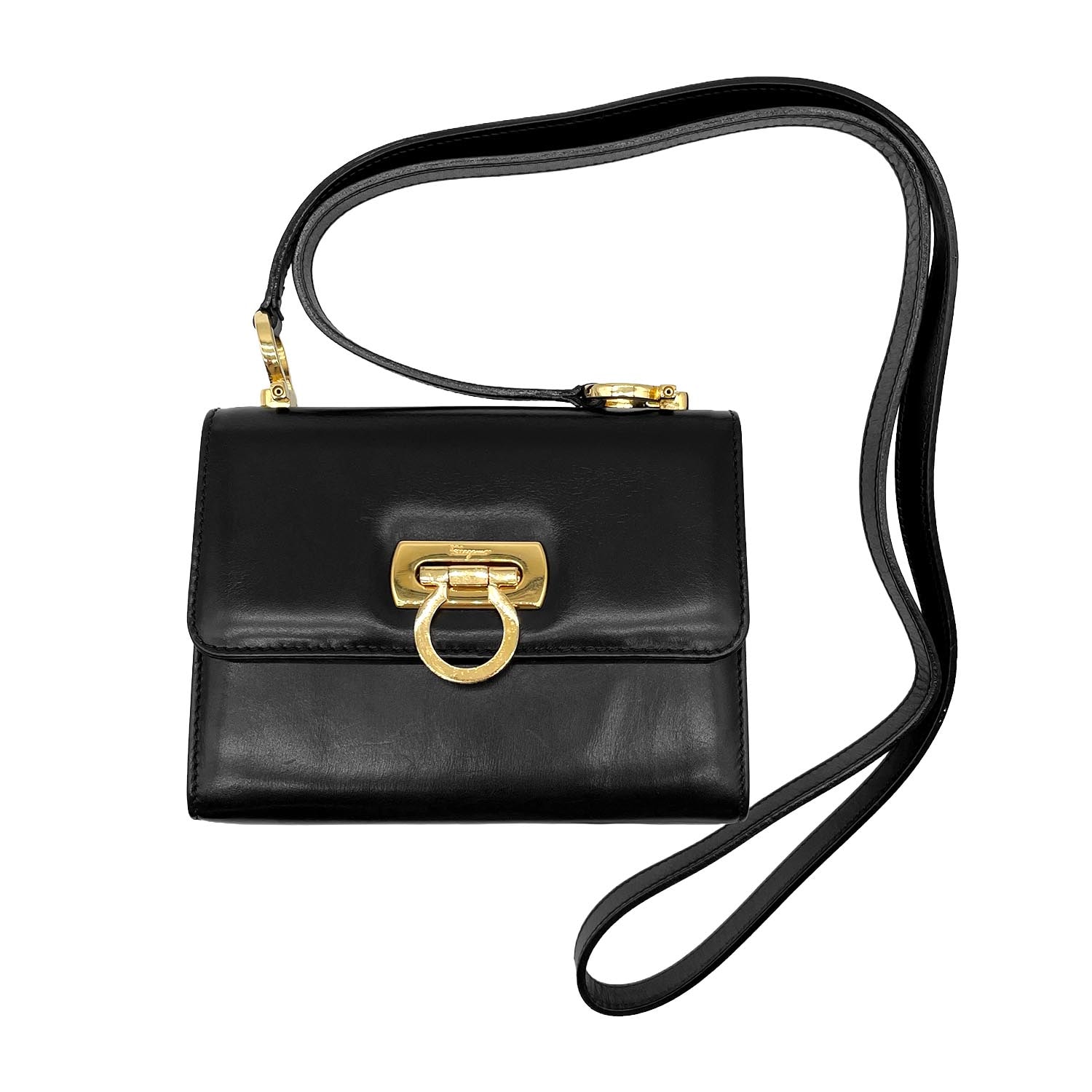 Salvatore Ferragamo サルヴァトーレフェラガモ ガンチーニ ミニ ショルダーバッグ
 ボックスカーフ ブラック レディース
 【中古】