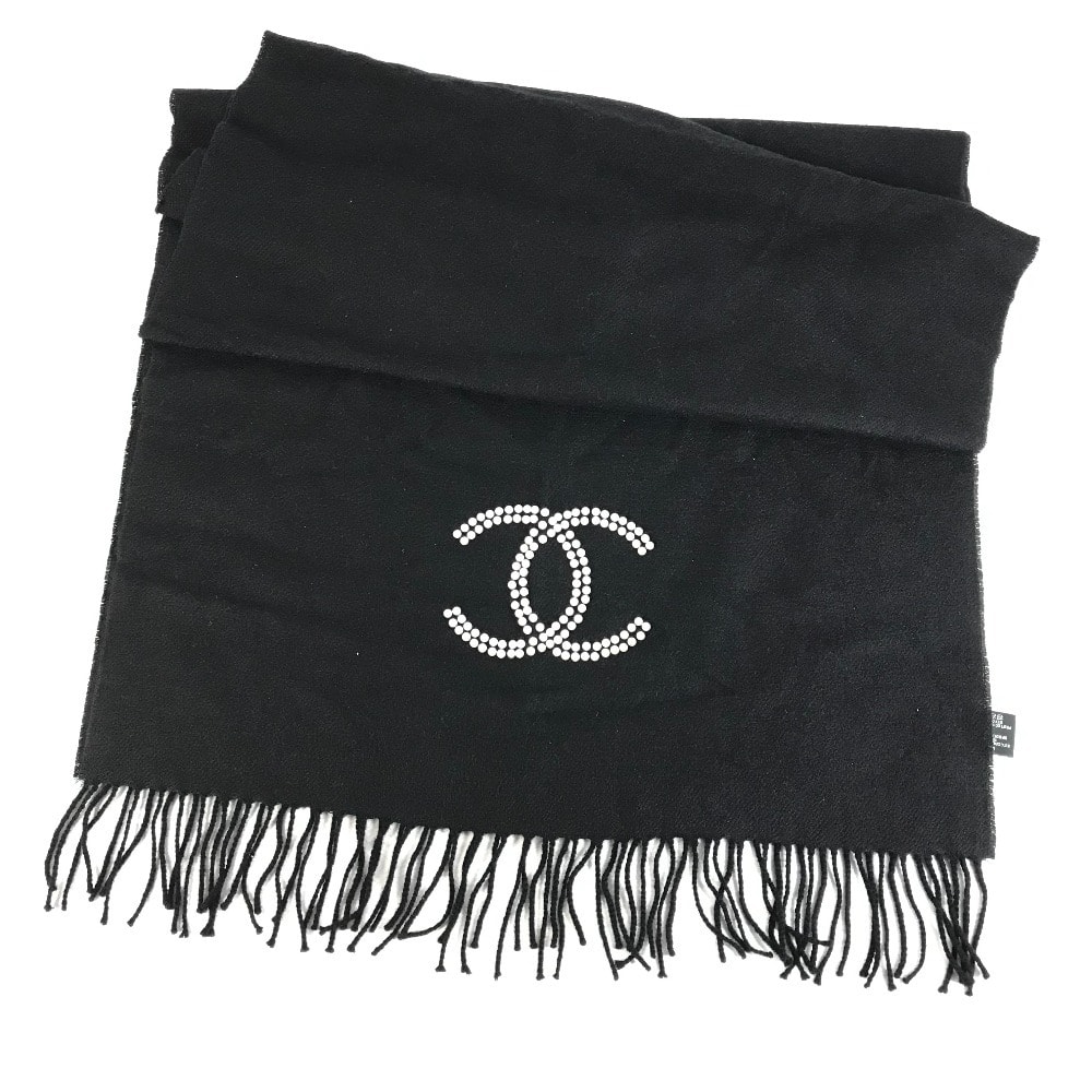 シャネル CHANEL フェイクパール  23S フリンジ マフラー カシミヤ ブラック