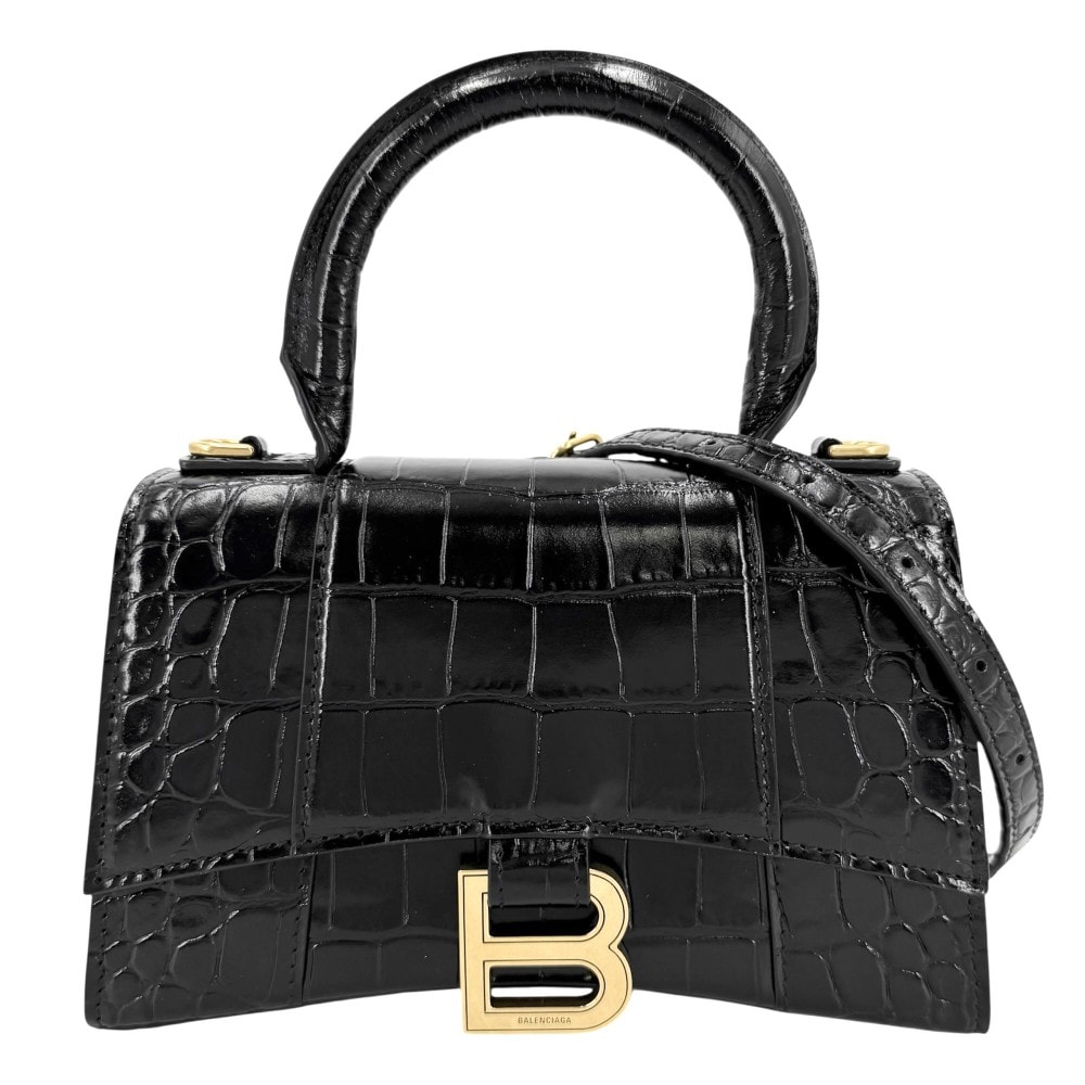 BALENCIAGA バレンシアガ 2WAY アワーグラス XS ハンドバッグ ショルダーバッグ 肩掛け 斜め掛け HOURGLASS クロコ型押し トップハンドル 592833 カーフスキン ブラック 黒 アンティークゴールド金具 レディース【中古品】