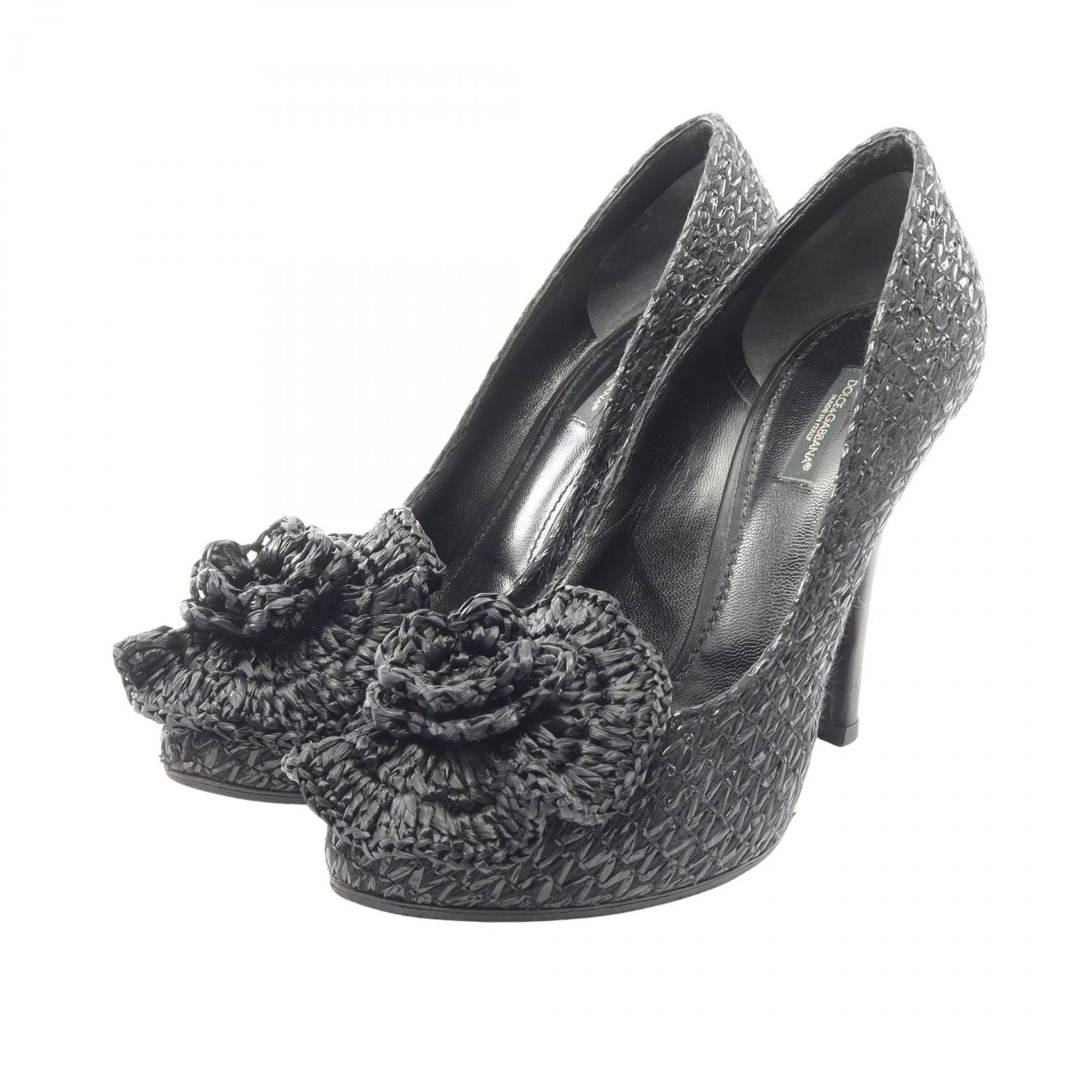 ドルチェアンドガッバーナ DOLCE & GABBANA フラワー装飾 パンプス 靴 ファブリック / ラフィア レディース ブラック系 【中古】