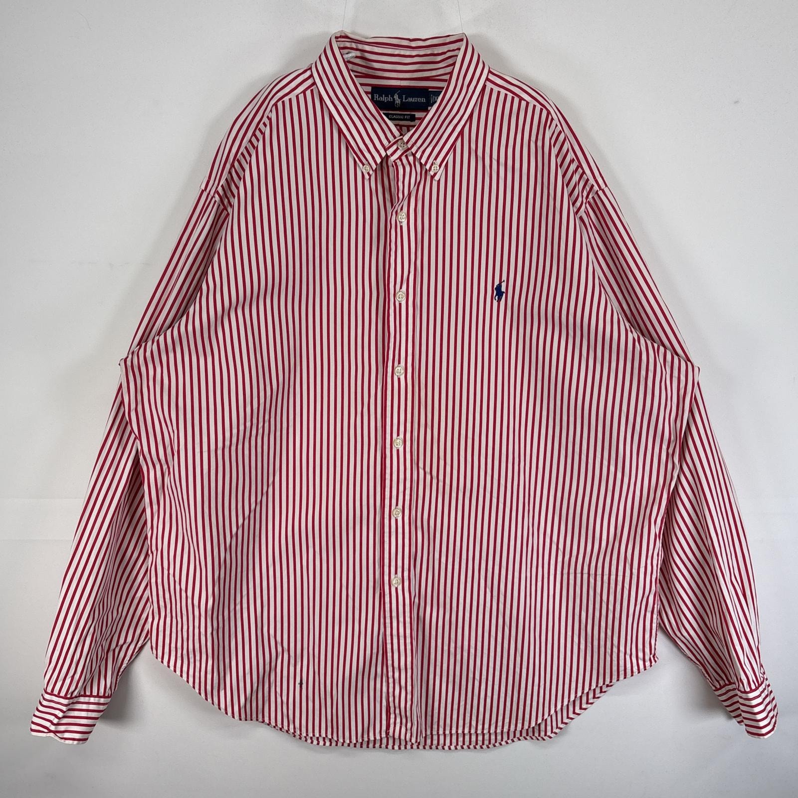 古着 ラルフローレン RALPH LAUREN 長袖シャツ ボタンダウン ロゴ 刺繍 大きいサイズ 14041  レッド ストライプ メンズ
