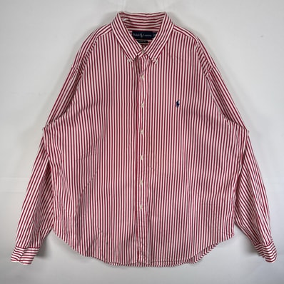 古着 ラルフローレン RALPH LAUREN 長袖シャツ ボタンダウン ロゴ 刺繍 大きいサイズ 14041 レッド ストライプ メンズ