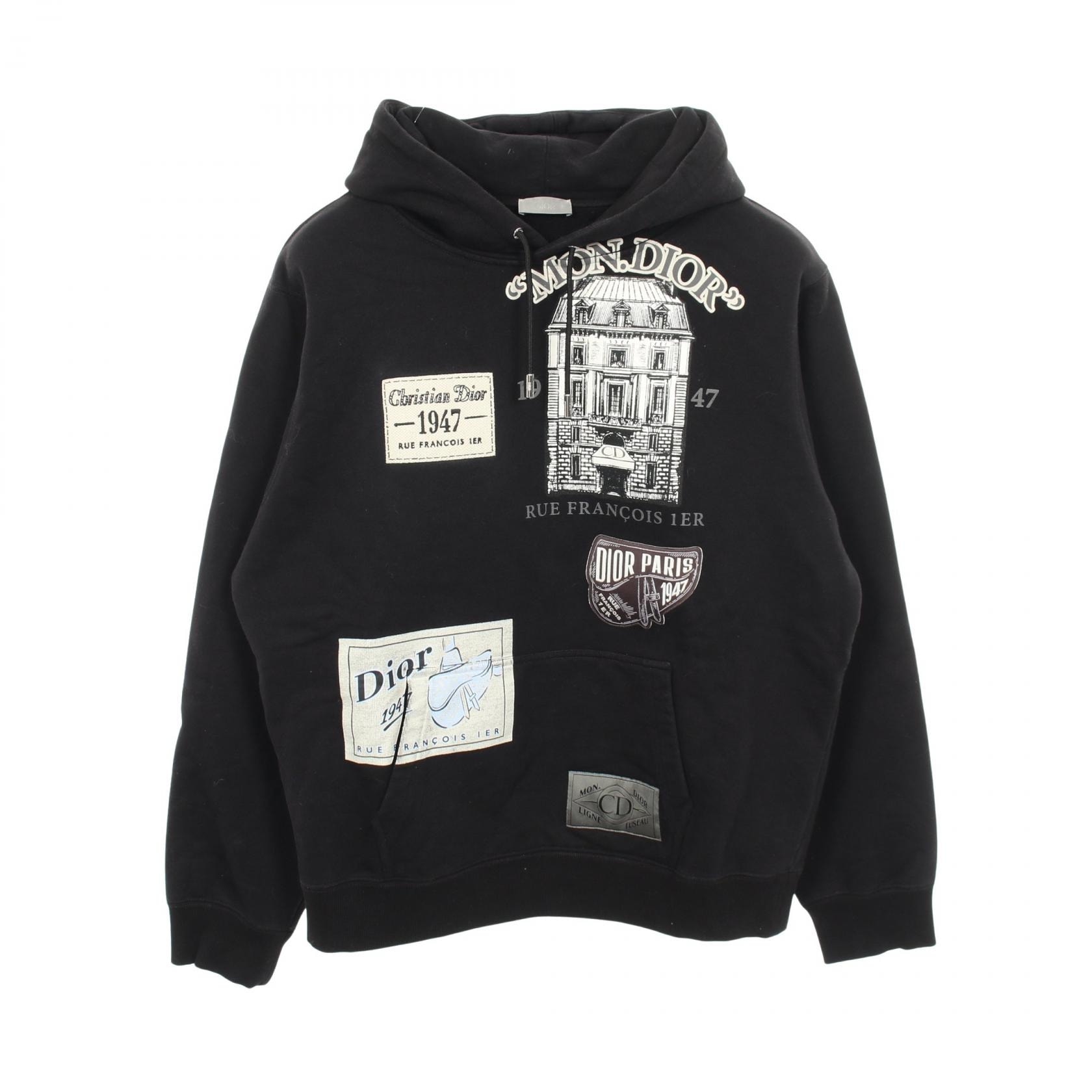 ディオール Dior アーカイブパッチ 裏起毛 パーカー 衣料品 トップス コットン メンズ ブラック系 【中古】