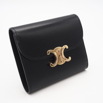 美品 CELINE セリーヌ トリオンフ スモール フラップウォレット トリオンフ 10D783DPV 三つ折り財布 ブラック レザー レディース