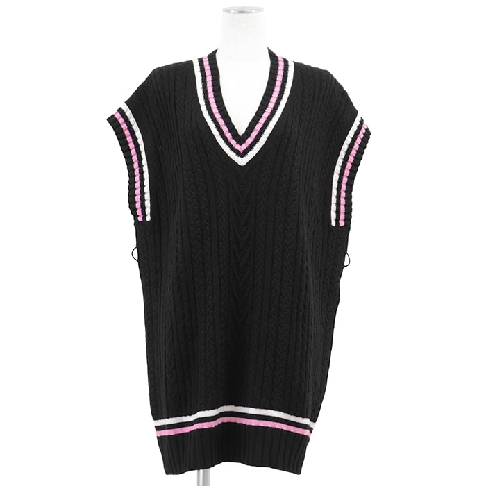 CHANEL シャネル ニットワンピース サイズ 38 レディース P74559 ケーブル編み カシミヤ × コットン Vネック ノースリーブ ドレス ブラック ホワイト ピンク 黒 白 桃色 イタリア製 ヴィルジニー・ヴィアール期