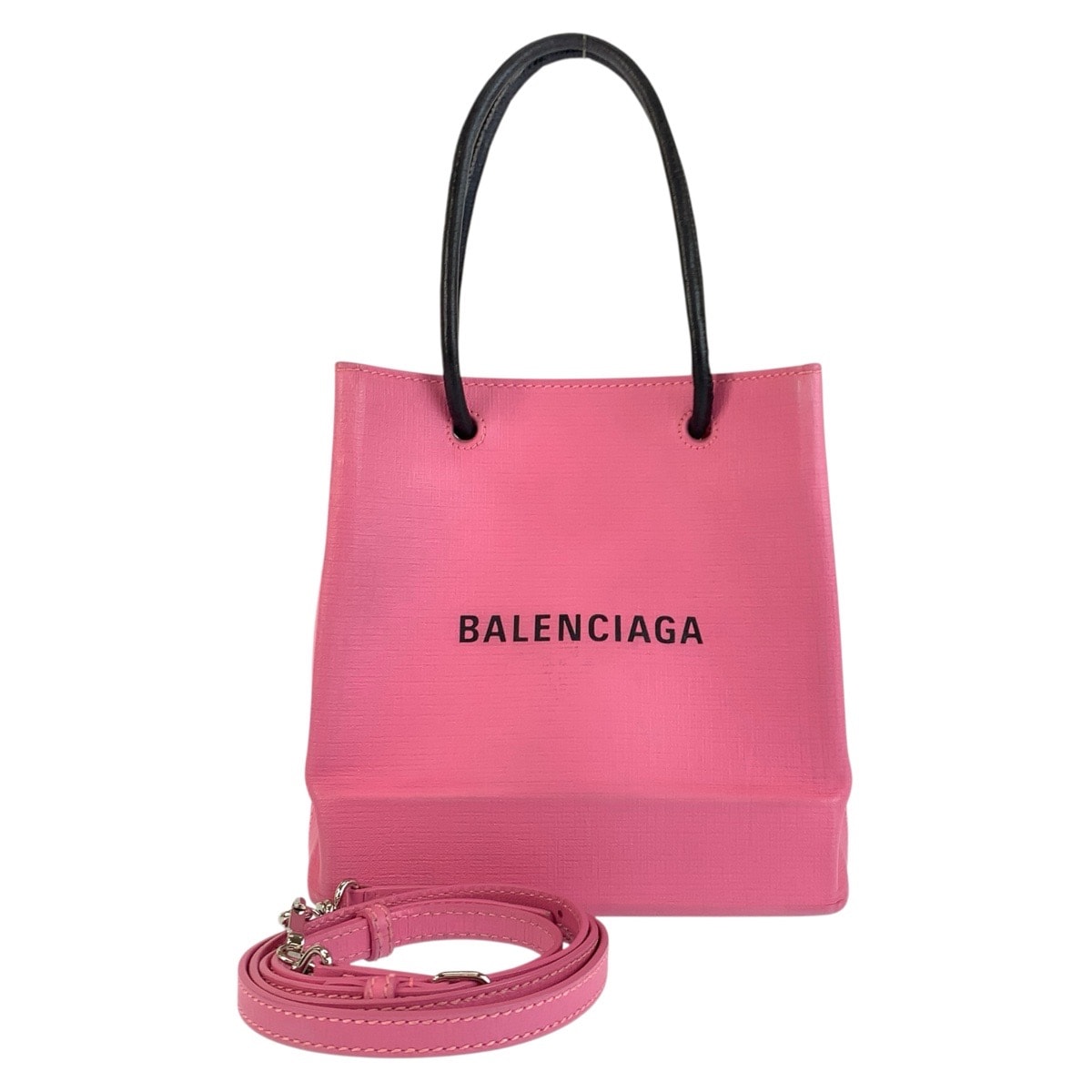 BALENCIAGA バレンシアガ ショッピングトート XXS ピンク ブラック シルバー金具 レザー トートバッグ ショルダーバッグ 2way 602002 【中古】