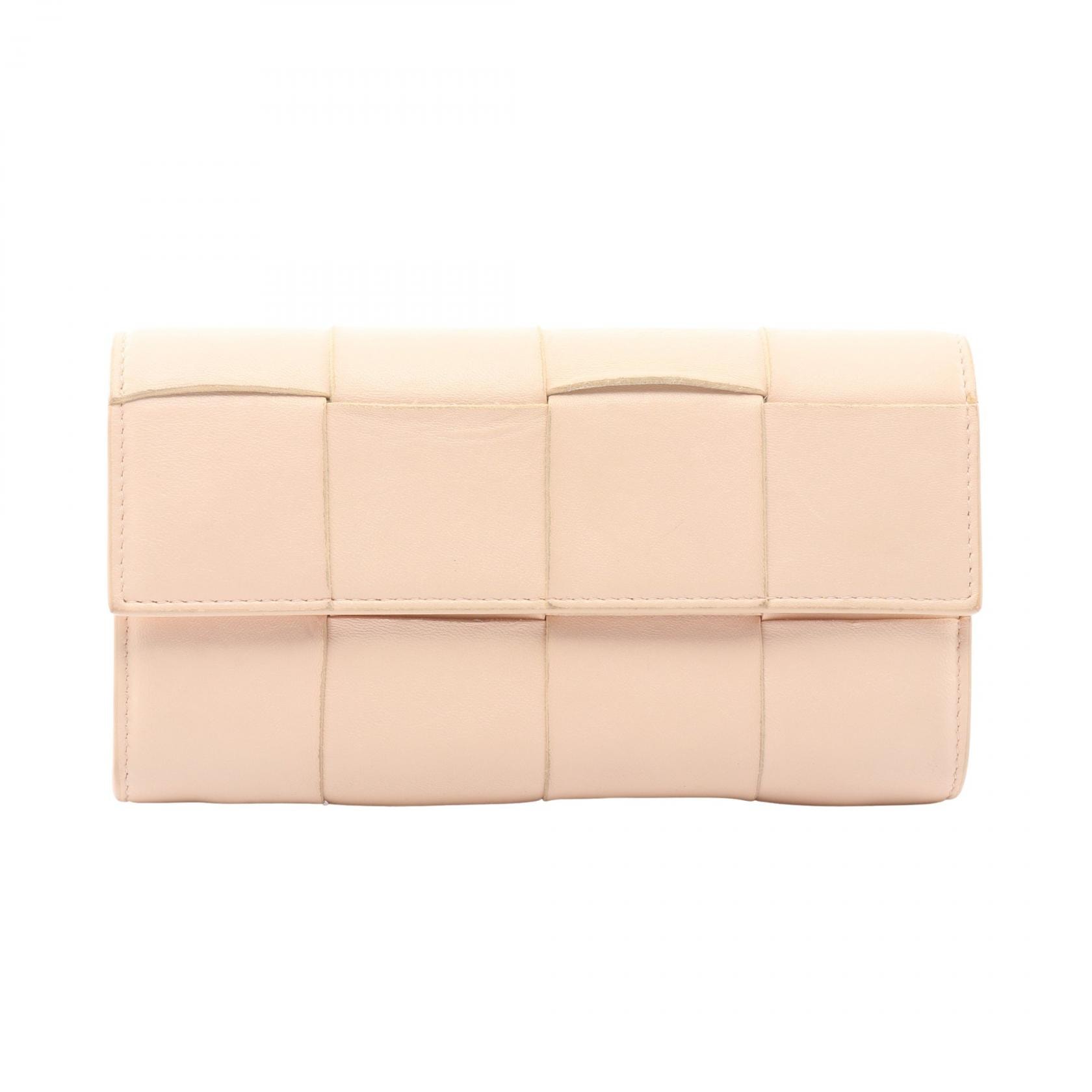 ボッテガヴェネタ BOTTEGA VENETA イントレチャート フラップ ウォレット 長財布 二つ折り長財布 財布 レザー レディース ピンク系 【中古】