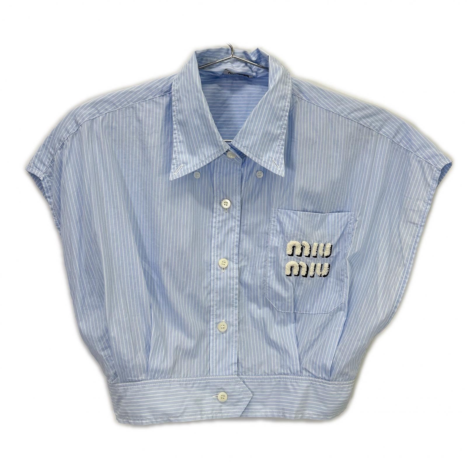 ミュウミュウ 21SS ブルー×ホワイト MK1619 シェニールロゴ クロップド丈シャツ 40