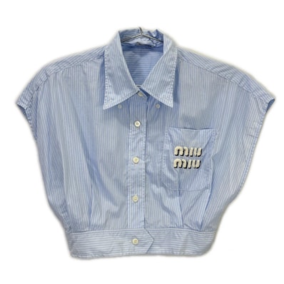 ミュウミュウ 21SS ブルー×ホワイト MK1619 シェニールロゴ クロップド丈シャツ 40