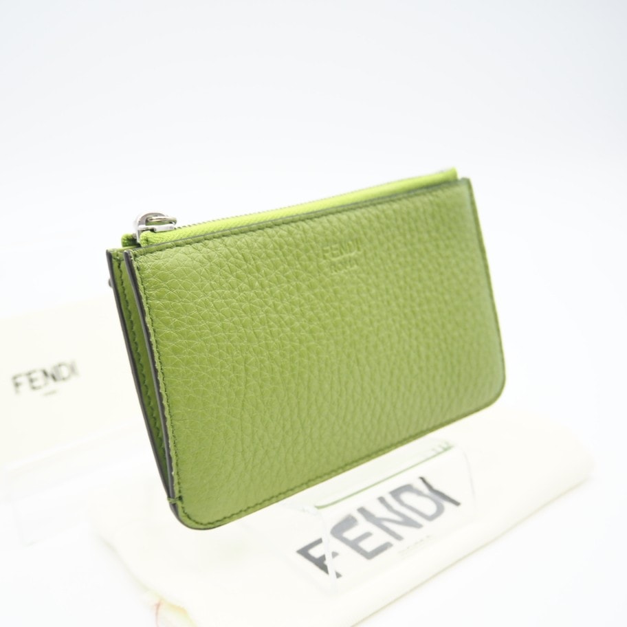 極美品 FENDI フェンディ フェンディローマ グレインカーフ フラグメントケース 8AP161 コインケース グリーン レザー レディース