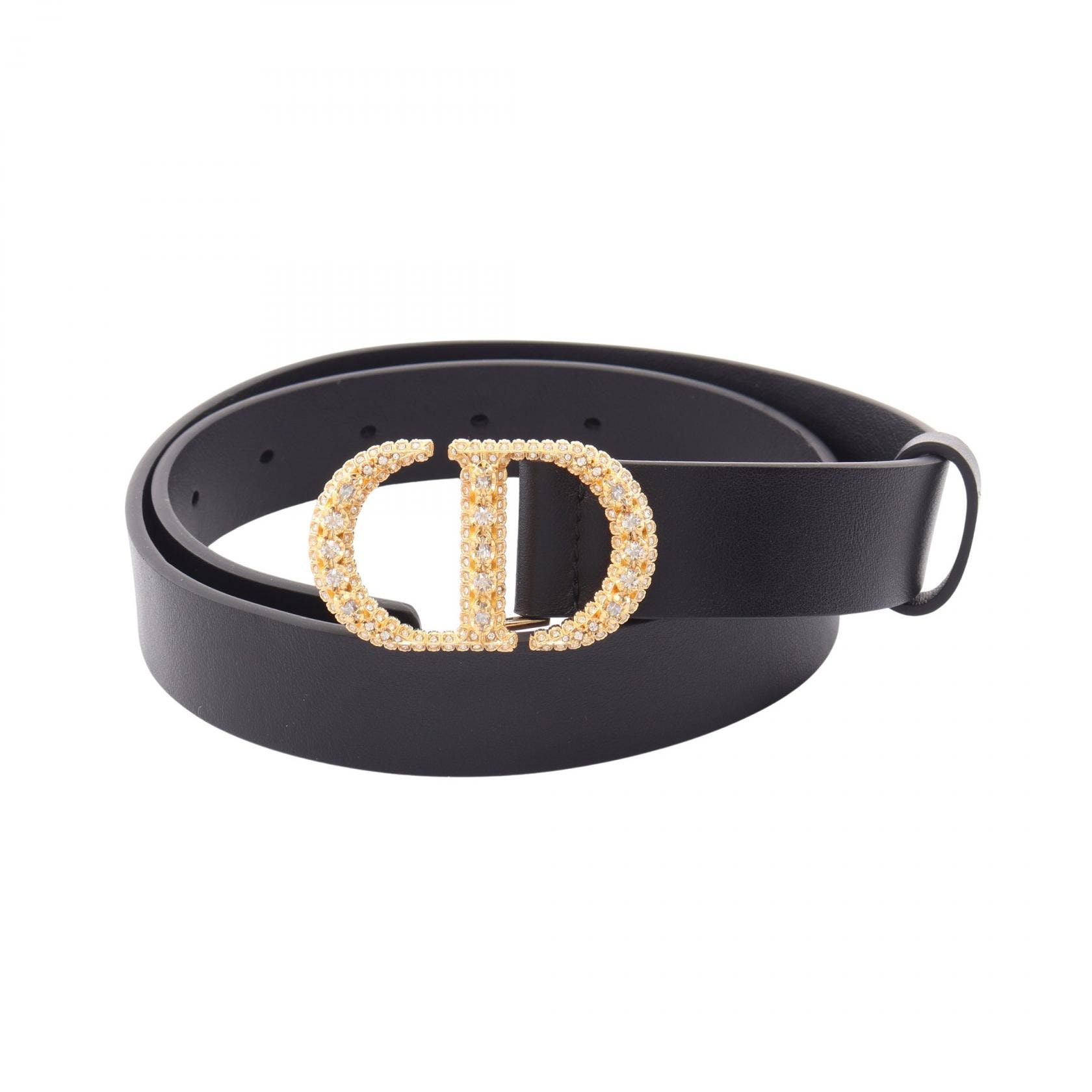 ディオール Dior CDロゴバックル ラインストーン ゴールド金具 ベルト 衣料品 レザー レディース ブラック系 【中古】