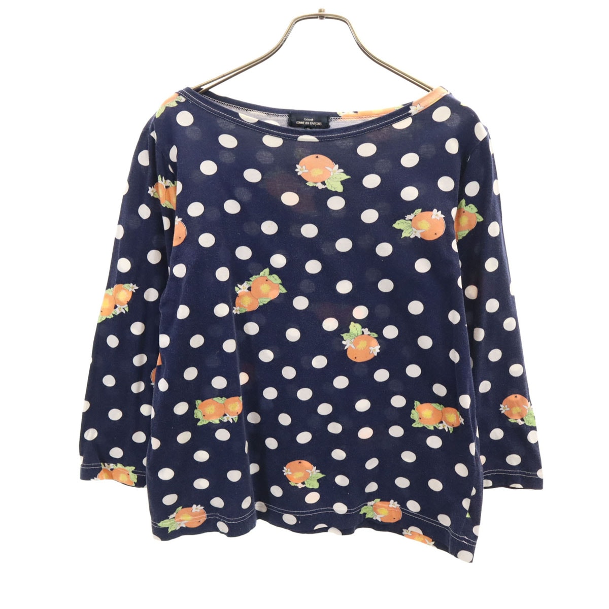 tricot COMME des GARCONS トリココムデギャルソン ドット オレンジ柄 7分袖 ボートネック カットソー S ネイビー