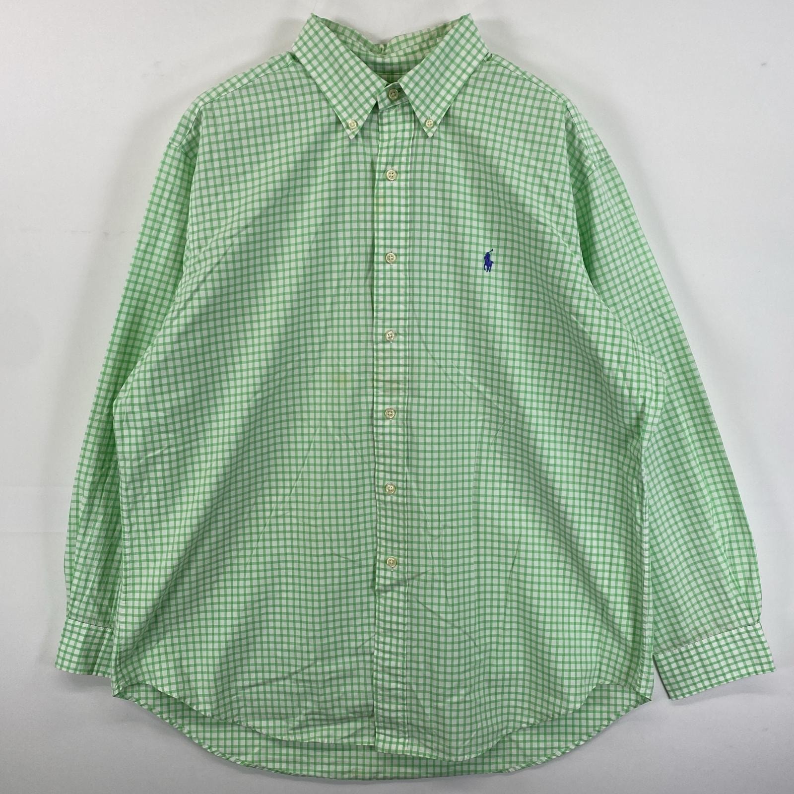 古着 90's/90年代 ラルフローレン RALPH LAUREN 長袖シャツ ボタンダウン ロゴ刺繍 ワンポイント XL  グリーン系 チェック メンズ