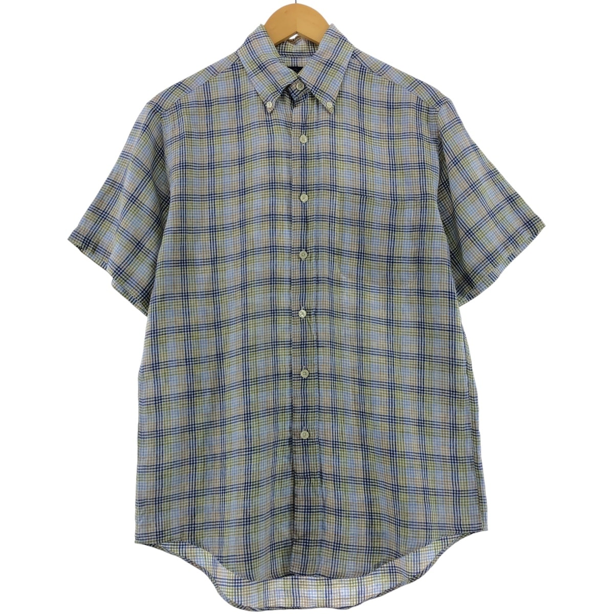 古着 ブルックスブラザーズ Brooks Brothers チェック柄 半袖 リネン ボタンダウンシャツ メンズS相当/eaa531570