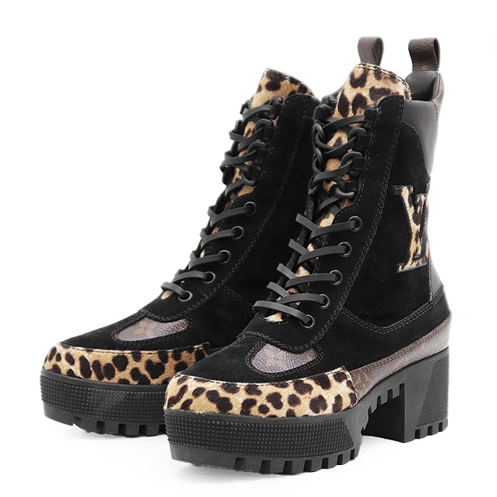 【新品同様】LOUIS VUITTON ルイ・ヴィトン アンクルブーツ 2019年製 ローリエートライン LV ロゴ モノグラムフラワー レオパード ハラコ スウェード レザー コンビネーション チャンキーソール 厚底 レディース 34 1/2 黒 イタリア製