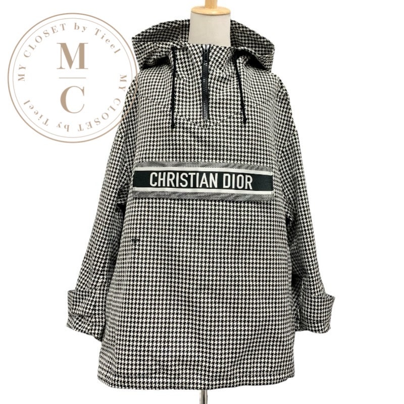 クリスチャンディオール CHRISTIAN DIOR アノラック トップス パーカーフーディ ロゴ ハーフジップ 千鳥格子 長袖 ブラック ホワイト