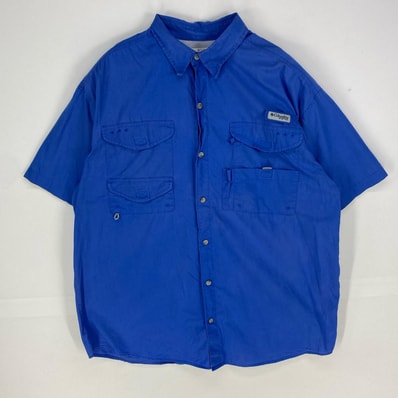 古着 コロンビア Columbia 半袖シャツ PFG 裏地メッシュ ショートスリーブ アウトドア ボタンダウン L ブルー系 メンズ