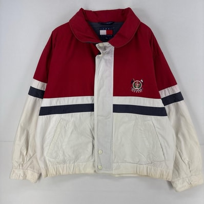 古着 トミーヒルフィガー TOMMY HILFIGER ナイロンジャケット フルジップ ロゴ セーリングジャケット 刺繍 M レッド メンズ