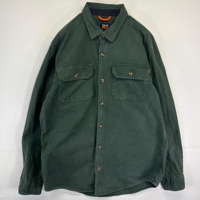 古着 ティンバーランド Timberland デニムシャツジャケット ワーク 胸ポケット ワンポイントロゴ L グリーン メンズ