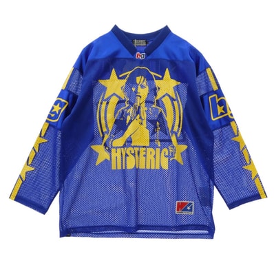 HYSTERIC GLAMOUR ヒステリックグラマー カットソー 02261CL09 BANANA GIRL バナナガール ホッケー シャツ ロングスリーブ メッシュ カットソー 長袖 ブルー系 L【新古品】【未使用】【中古】