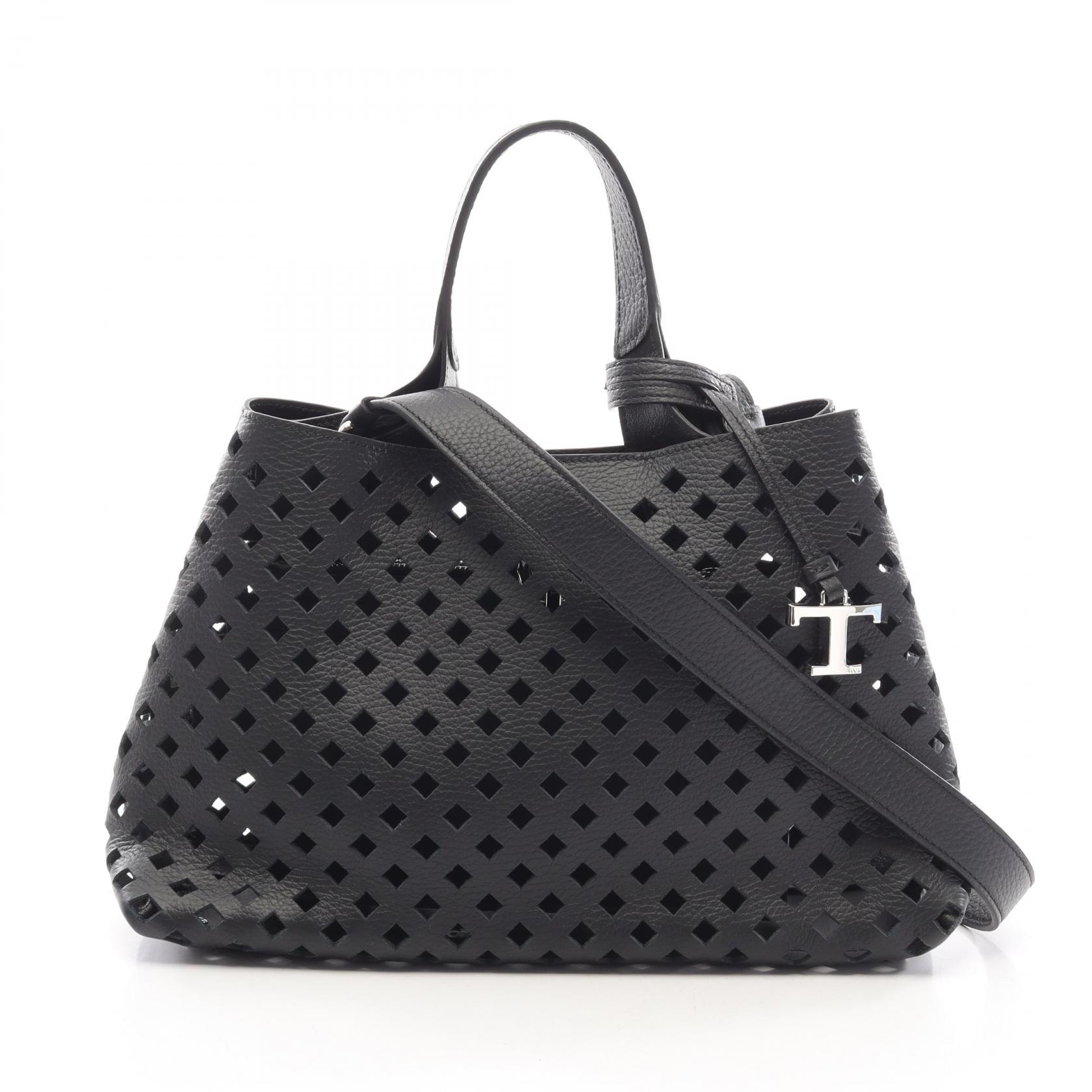 トッズ TOD'S Tタイムレス パンチング 2WAY ショルダーバッグ バッグ レザー レディース ブラック系 【中古】
