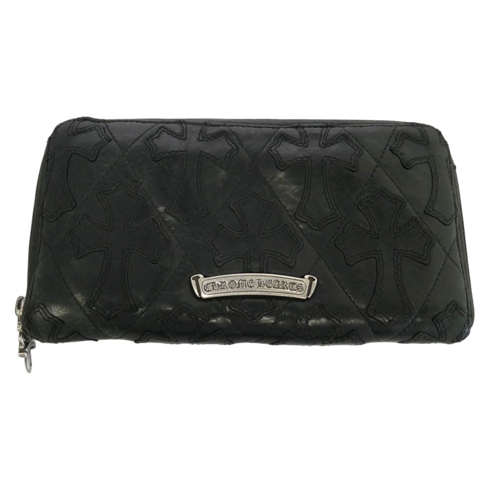 CHROME HEARTS クロムハーツ(原本有) REC F ZIP QUILTED セメタリー キルティング レザー クロスパッチ ウォレット 財布 ブラック系【中古】