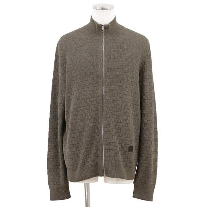 【美品】LOUIS VUITTON ルイ・ヴィトン ドライバーズニット サイズ XXL メンズ 2019AW ダミエ シグネチャー ロゴ LVレザーパッチ コットン × ウール ジップアップ ハイネック ブルゾン トップス チャコールグレー 灰色 イタリア製