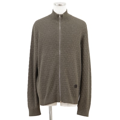 【美品】LOUIS VUITTON ルイ・ヴィトン ドライバーズニット サイズ XXL メンズ 2019AW ダミエ シグネチャー ロゴ LVレザーパッチ コットン × ウール ジップアップ ハイネック ブルゾン トップス チャコールグレー 灰色 イタリア製