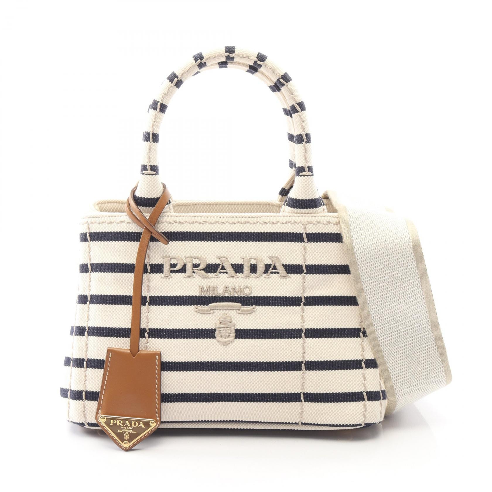 プラダ PRADA ジャルディニエール ミニ 2WAY ハンドバッグ バッグ キャンバス レディース ホワイト系 / ネイビー系 1BG464 【中古】