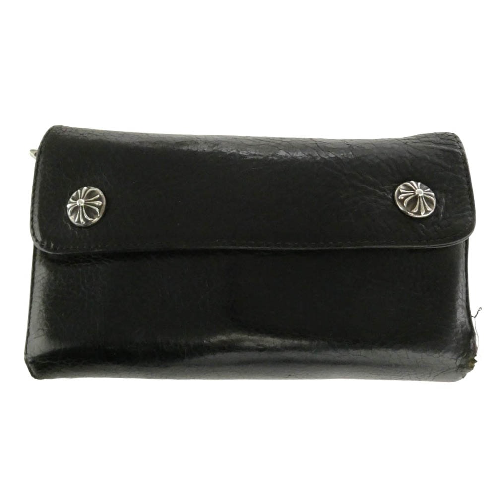 CHROME HEARTS クロムハーツ(原本無) WAVE ウェーブ クロスボール レザー ウォレット 長財布 ブラック系 シルバー系【中古】