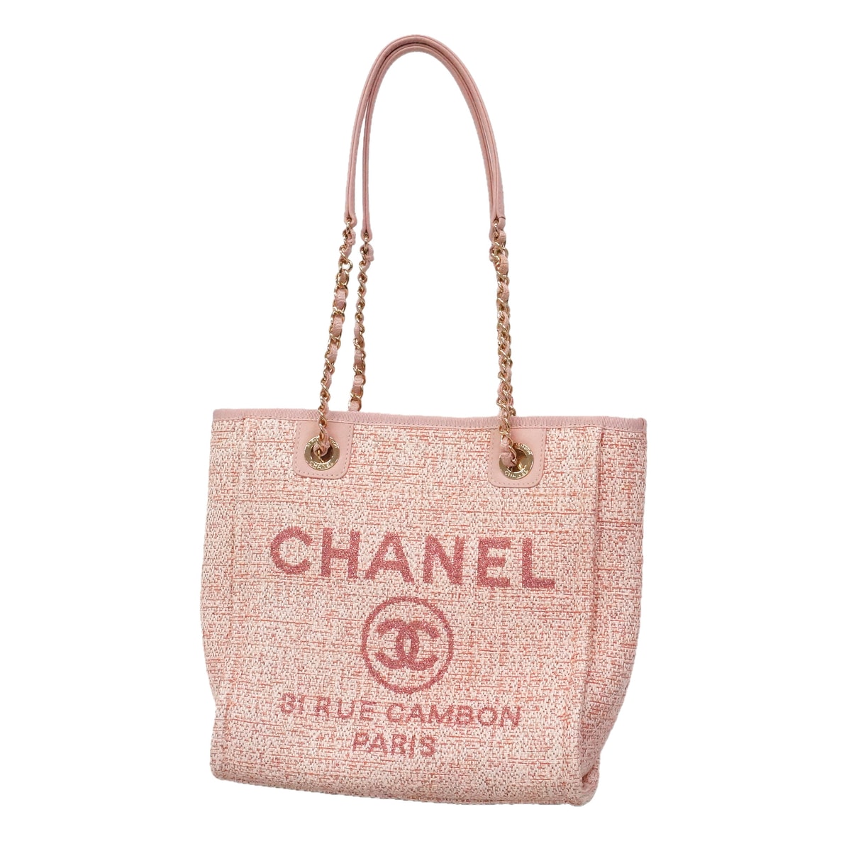 ★SALE【6kc2251】シャネル チェーントート ドーヴィル ラフィア ピンク シャンパンゴールド金具【中古】レディース