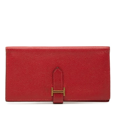 エルメス ベアン スフレ 長財布 □P 2012 レッド ゴールド金具 ヴォーエプソン レディース HERMES 【中古】