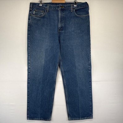 古着 カーハート Carhartt デニム パンツ ストレート ワイドデニム 5ポケット 大きいサイズ レザーパッチ W42×L32 ブルー系 メンズ