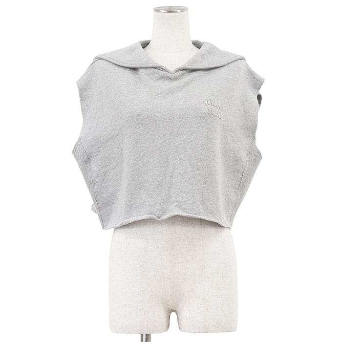 Miu Miu ミュウ ミュウ スウェット サイズ XS レディース クロップ カットオフ ロゴワッペン セーラーカラー ノースリーブ トップス グレー 灰色 イタリア製