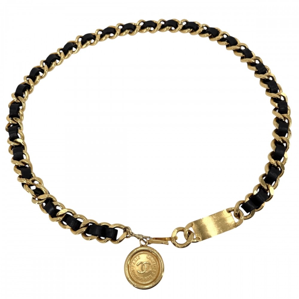 CHANEL シャネル ベルト メダル チェーンベルト ファッションアイテム 小物 ココマーク ヴィンテージ GP レザー ゴールド ブラック 黒 レディース【中古品】