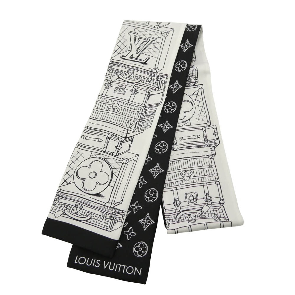 LOUIS VUITTON ルイ・ヴィトン M96507 バンドー・マイ LV ラゲージ シルク100% モノグラム スカーフ ブラック系 ホワイト系【極上美品】【中古】