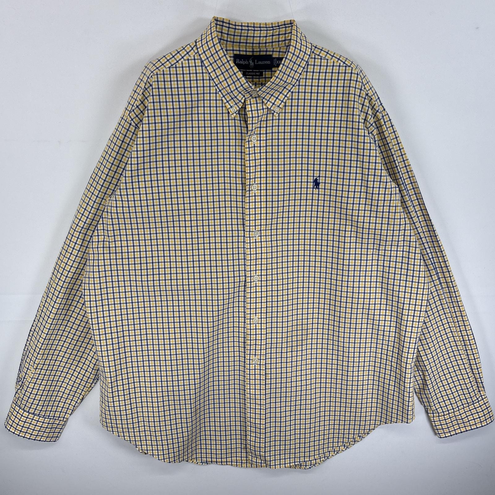 古着 90's/90年代 ラルフローレン RALPH LAUREN 長袖シャツ ワンポイント ロゴ 刺繍 大きいサイズ ボタンダウンシャツ 14041  イエロー系 チェック メンズ