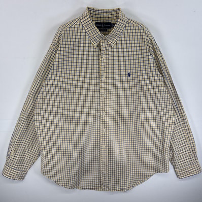 古着 90's/90年代 ラルフローレン RALPH LAUREN 長袖シャツ ワンポイント ロゴ 刺繍 大きいサイズ ボタンダウンシャツ 14041 イエロー系 チェック メンズ